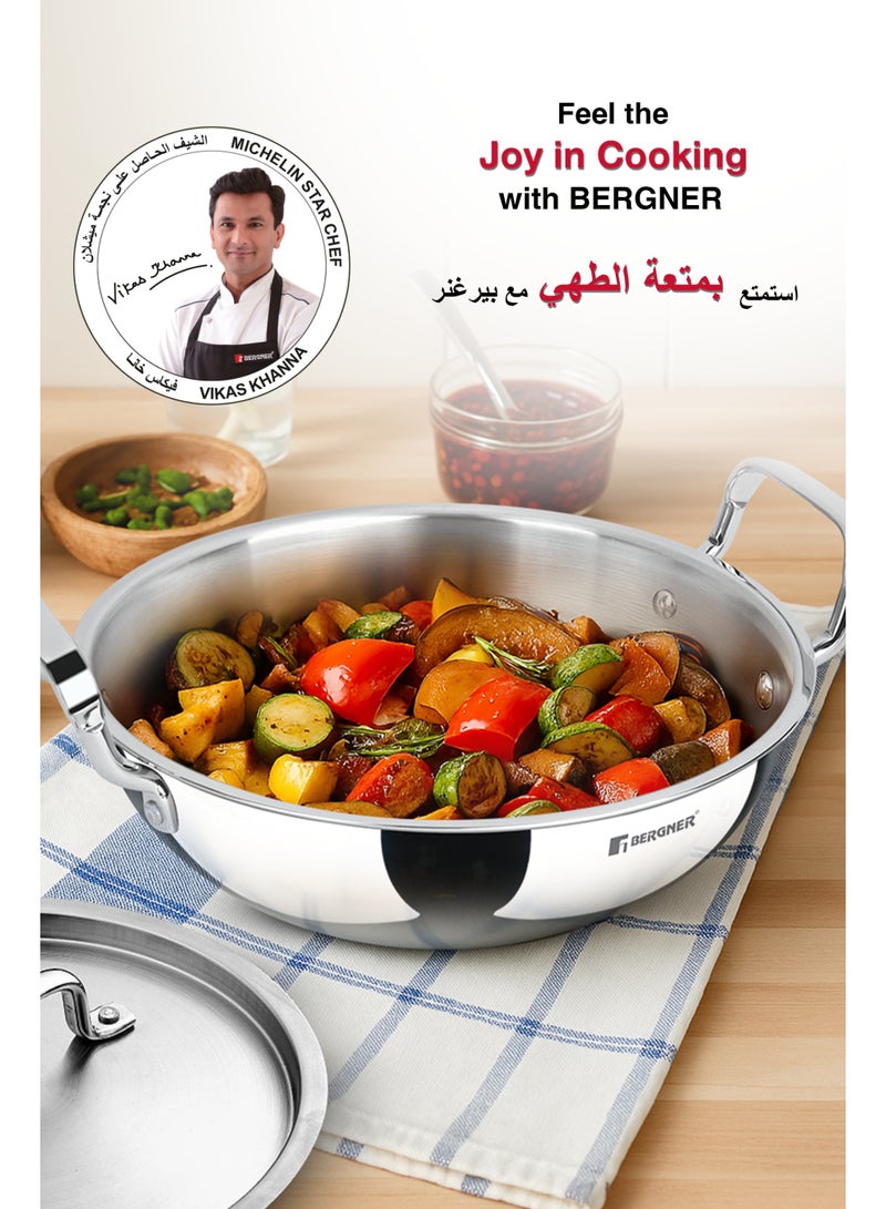 Bergner TriPro 28cm (5L) Tri-Ply Stainless Steel Deep Stir-Fry Pan, Kadai with Lid, Healthy Cooking with Less Oil, Metal Spatula Friendly Wok, Stay-Cool Handles, Induction & Gas Stove Compatible - Image 5